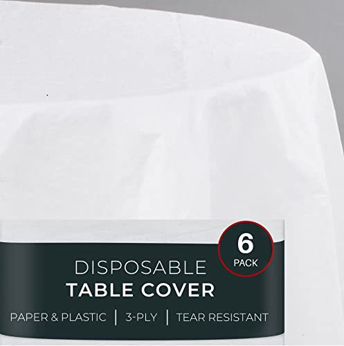 HOUZZKINGZ USA Paper Tablecloths for Round Tables | 82'' - 6 Pack | White Paper Disposable Tablecloth | 3-Ply Premium Paper & Plastic Table Cloths for Parties Disposable, (WPPRTC-6)
