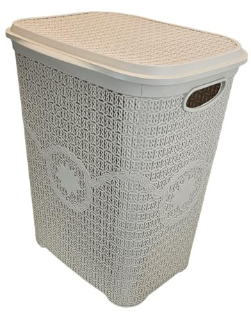 Best House | Plastic Laundry Basket | CREAM | 65 Litres | Large | Knitted/Rattan Style | Laundry Storage Basket with Lid | Clothes Storage Washing Bin Basket Hamper for Bathroom Bedroom (Pack of 1)