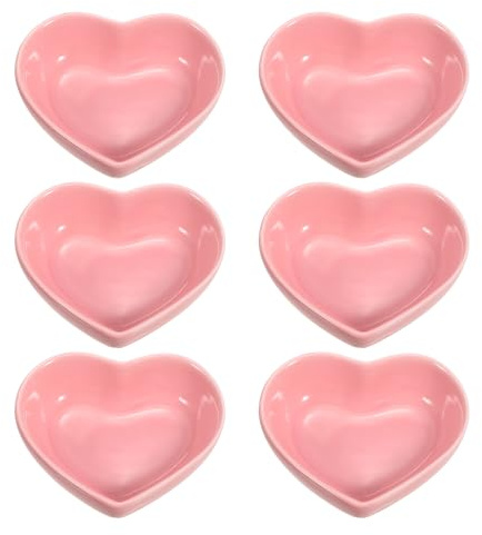 sourcing map Pink Heart-Shaped Ceramic Side Dipping Bowl, 3 Porcelain Dish Bowl Set of 6, Mini Appetizer Plates Seasoning Dishes for Kitchen Home Wedding Party Restaurant