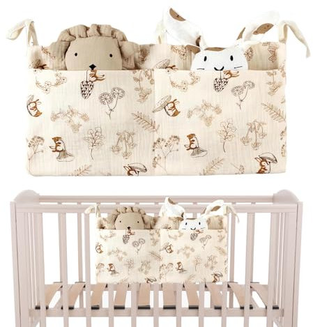 DHWEKU Sac Rangement pour Lit Bébé, Sac de Rangement Suspendu, Suspendu Organisateur de Couches, Rangement Suspendu Lit Bebe avec 2 Poches, pour Stocker des Vêtements, des Couches, des Jouets (jaune)