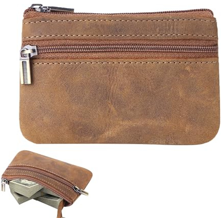 1PCS Coin Purse Men Cash Change Wallet Leather Mens Tray Purses Coin Pouch Coin Holder Small Money Bag with Zip Key Wallet Pouch for Men Dad Father Women (Retro Brown)