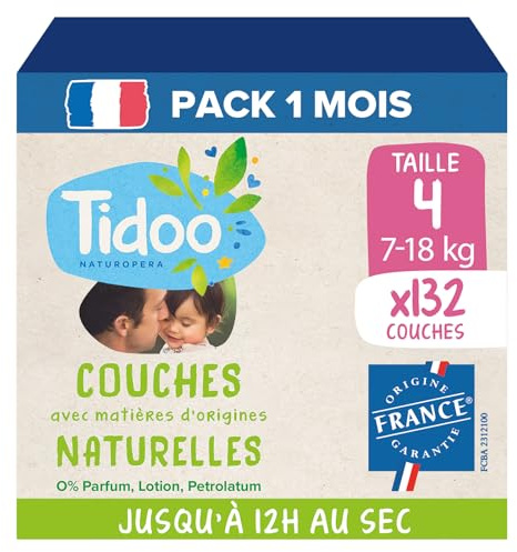 TIDOO - Couches Taille 4 7-18 kg - Couches Bébé écologiques - Couches Jetables à la Composition Naturelle - Respectueuse des Peaux Sensibles -12h de protection - Lot de 3x44 couches