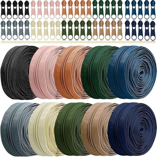 Exquilnova Farben Nylon Reißverschluss Endlos, Endlosreißverschluss mit Schieber und Zipper, DIY Reissverschluss Teilbar Reißverschluss Reparaturset Bunt für Nähen, Basteln und Tasche
