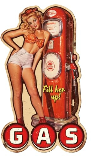 WADORN Vintage Gas Station Pin Up Women Metal Tin Sign, 15x8.7 Inch Funny Retro Garage Bar Club Home Tin Sign Full Hen Up Garage Sexy Woman Wall Art Poster Plaque Decor for Home Man Cave Pub