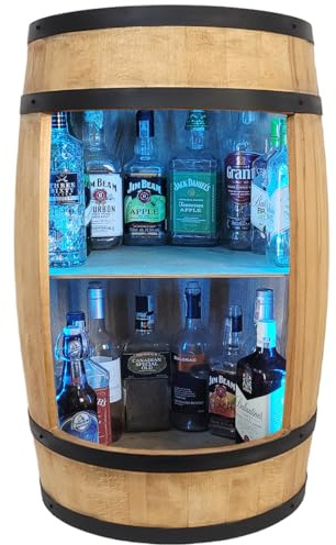 LED-belysning vinfat barbord 80 x 50 cm rustikt träfat möbler med alkoholskåp och flaskförvaring unikt vinfat bord för heminredning och underhållning