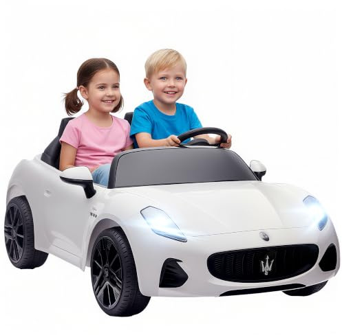 AIYAPLAY Voiture électrique pour Enfants Maserati 12V 2 Places Blanc | Télécommande 2.4 GHz, 2 moteurs, suspension, musique, USB, klaxon, lumières LED, pour âges 3-8, 3-8 km/h
