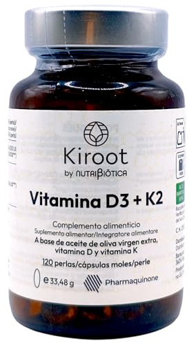 Kiroot Vitamina D3 y K2 120 Perlas (Nuevo Envase) - Complemento Alimenticio con Colecalciferol, Menaquinona-7 y Aceite de Oliva Virgen Extra - Para Huesos y Sistema Inmunitario