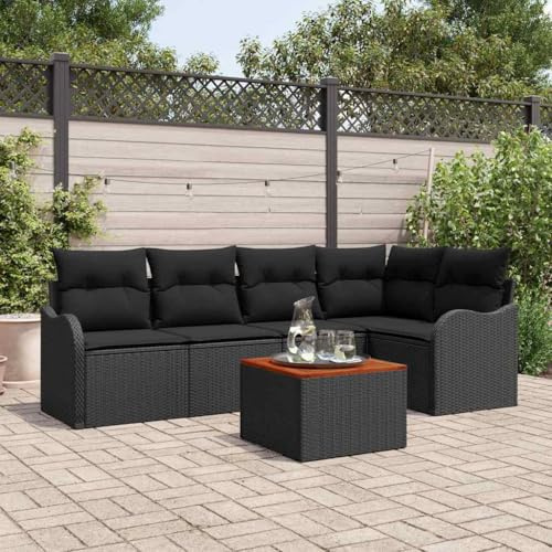 Owoxanthellate Lot de 6 canapés de jardin en rotin synthétique noir avec coussins - Groupe de sièges modulaires - Résistant aux intempéries - 55 x 62 x 85 cm - Banc d'angle pour balcon, terrasse
