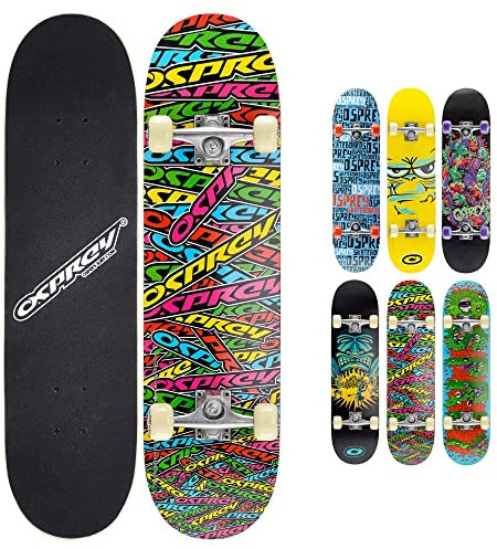 Osprey Skateboard Complet idéal pour Enfants Débutants - Planche de Skate 79 cm, Érable Lamellé 7 plis Double Kick Concave, Trucks Aluminium Axe 13 cm, Roulements ABEC 5 608z - 6x Designs Colorés
