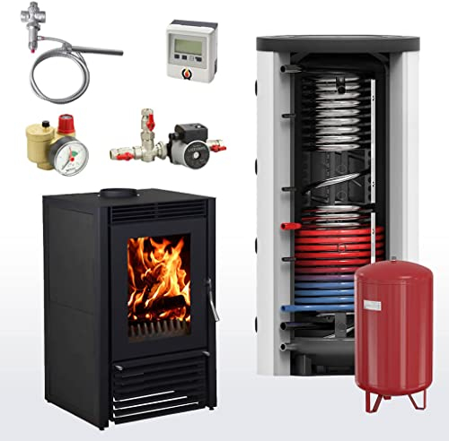 Komplettset - 12,31 kW Kaminofen Bruno Marbella Compact wasserführend schwarz + 500 l Hygienespeicher mit 1 Wärmetauscher