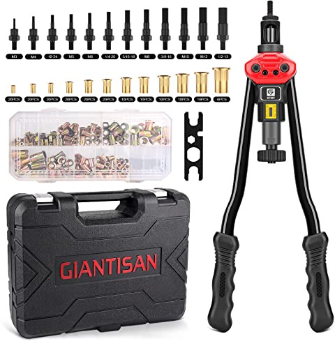 GIANTISAN - Remachadora Manual a 2 Manos, 41 cm, 12 Mandriles métricos y SAE, Kit Surtido de Tuercas de Remache de 176 Piezas y Funda de Transporte Resistente