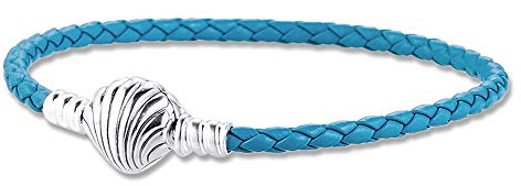 Bracelet en cuir tressé bleu estival 2020 avec fermoir en coquillage turquoise et argent 925, compatible avec les bracelets Pandora originaux (19 cm)