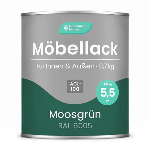 Grundmann Möbellack ACL 100 - Grün 0,7 Kg - Lösemittelfrei & Geruchsarm - 4in1 Möbelfarbe inkl. Grundierung - Innen und Außen - Für Holz, Metall & Kunststoff - RAL 6005 Moosgrün