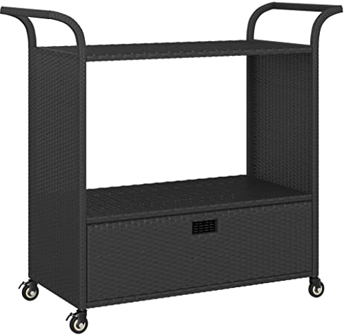 vidaXL Barwagen mit Schublade 4 Rollen Servierwagen Teewagen Küchenwagen Beistellwagen Arbeitswagen Gartenwagen Schwarz 100x45x97cm Poly Rattan