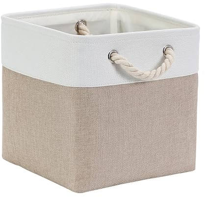 Mangata Aufbewahrungsbox Stoff 25x25x25 cm, aufbewahrungskorb Helles Khaki Weiß, Korbe Stoff in Würfel für Schrank, Regal, und Kleidung (Faltbare, 1er Pack)