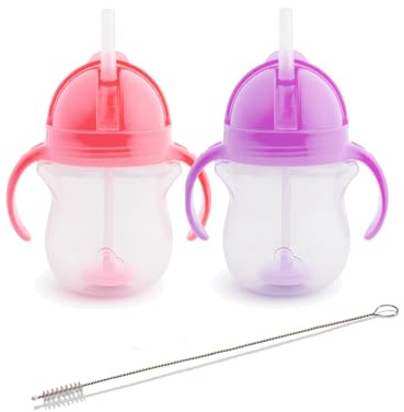 Munchkin Click Lock Tip & Sip Straw Cup Set| Baby & Toddler Sippy Cups with Straw| BPA Free Non Spill Cup| Dishwasher Safe Baby Straw Cup| Weighted Straw Childrens Cups| 7oz/207ml| 2 Pack| Pink/Purple
