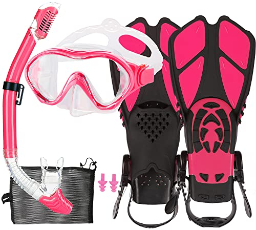 HH HHAO SPORT Schnorchelset Kinder mit Flossen, 180° Anti-Fog Panorama Weitblick Taucherbrille Kinder, Verstellbaren Schwimmflossen, Hochwertige Tauchermaske und Dry Top Schnorchel für Schwimmen