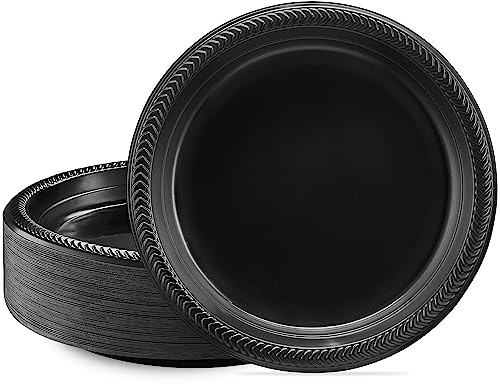 PLASTICPRO 100 PCS Black Plastic Plates Light Weight 9 Inch Plastic Dinner Plates Black Plates Disposable for Party and Wedding