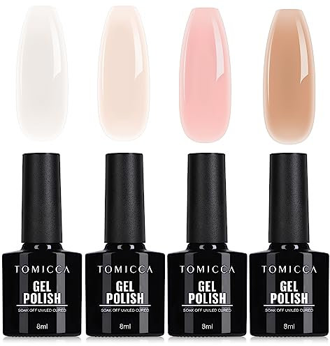 TOMICCA 4PCS Jelly Nude Pink White Gel Nail Polish Set Sheer Clear Crystal Translucent French Manicure Gel Nail Polish Kit DIY Manicure Home 8ML