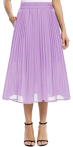 EXCHIC Women's Casual Chiffon Elastic Waist A-Line Pleated Midi Skirt with Pocket(M, Lavender)