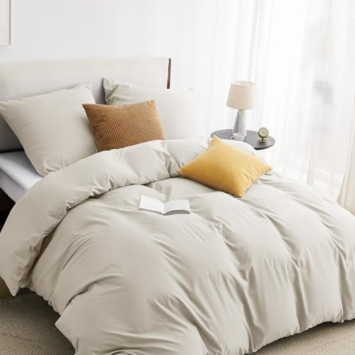 BEDSURE Ropa de cama de 155 x 220 cm, 3 piezas, lino, 1 funda nórdica de 155 x 220 cm y 2 fundas de almohada de 80 x 80 cm, certificado Öko-Tex, color beige, poliéster, microfibra con cremallera