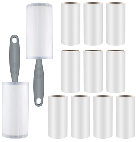 Rouleau Poils Animaux, Vexillic Rouleau à Peluches Inclure 12 Rouleaux Feuilles adhésives en Diagonale 2 Seule Poignée pour Cheveux Poils de Chat, Poils de Chien,Vêtements- 60 Feuilles/Rouleau