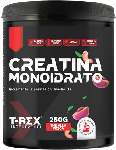 T-Rex Integratori Creatina Monoidrata - Integratore alimentare per massa muscolare e boost energetico pre workout (Thè Alla Pesca, 250 g (Confezione da 1))