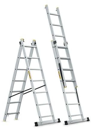 DRABEST Pro Aluminium-Leiter - Stark und langlebig - Verzinkte Haken - EN-131 Standard - Ergonomische Konstruktion - 2-Element - 2x7 Sprossen 150 kg Belastbarkeit - 46 x 300 x 10,5 cm