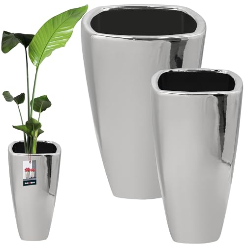 KOTARBAU® 2er Set Keramik Blumentopf hoch - 36, 5 x 59 cm / 28, 5 x 56 cm - Pflanzkübel - Orchideentopf - Bodenvase mit Drainageloch - Übertopf - Blumentöpfe aus Keramik - Glänzend - Silber