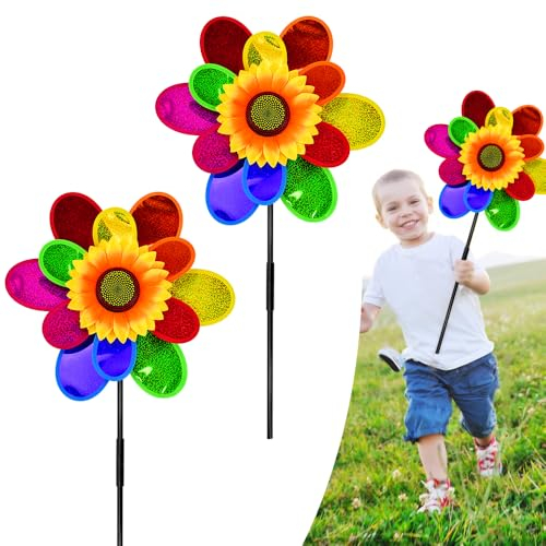 EMAGEREN 2 PCS Molino de Viento, Molinillo de Viento 3D en Forma de Girasol, Molinillo de Viento Colores para Niños, Molino de Viento para Jardin, Molino de Viento Decorativo para Patio Huerto
