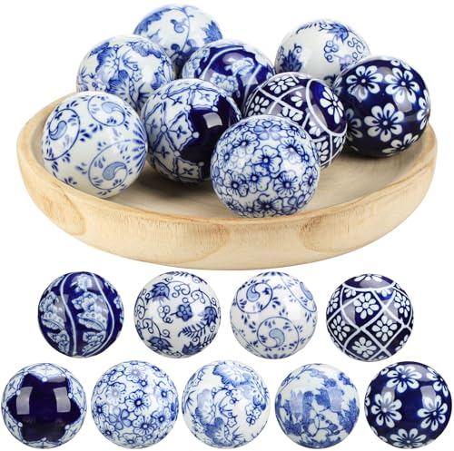 Vesici 9 Pcs Blue and White Ceramic Ball Decor,Vintage Style