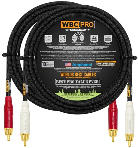 10 Foot RCA Cable Pair - WBC-PRO-LOCAP Low-Capacitance (14pF/ft) 22 AWG Ultra-Silent Audiophile & Professional-Grade Audio Interconnect Cable with Amphenol ACPR Gold RCA Plugs & Black Tweed Jacket