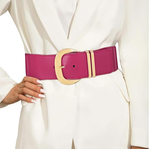 JASGOOD Women Wide Elastic Waist Belt for Dresses Fashion Ladies Stretchy Leather Waistband with Gold Buckle, Rose Red, Fits Waist Size 24-28