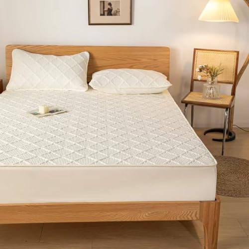 KnSam 150x190cm Betttuch Waschbar, Kariert Spannbettlaken Einfarbig Matratzenschutz, Polyester Baumwolle Spannbettuch Laken Beige für alle Jahreszeiten