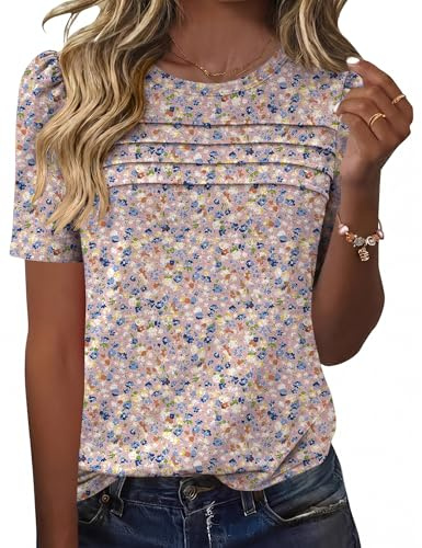 Rapbin Camiseta de verano para mujer, manga corta, informal, elegante, cuello redondo, plisada, estampado floral, blusa tipo túnica, holgada, Floral Rosado, M