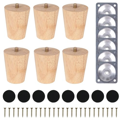 COEWUR 6 Pezzi Piedini per Mobili in Legno 6cm Massello Gambe per Mobili con Piastra di Montaggio Feltrini Viti Piedini per Letto Divano Armadio Poltrona