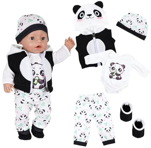 5 Stück Puppenkleidung für Baby Puppen 35-43 cm, 14-18 Zoll Niedlich Panda Muster Jumpsuit Set Enthält Hut, Socken, Lange Ärmel, Hose und Weste, Puppenkleidung für Mädchen Jungen & Puppensammlerr
