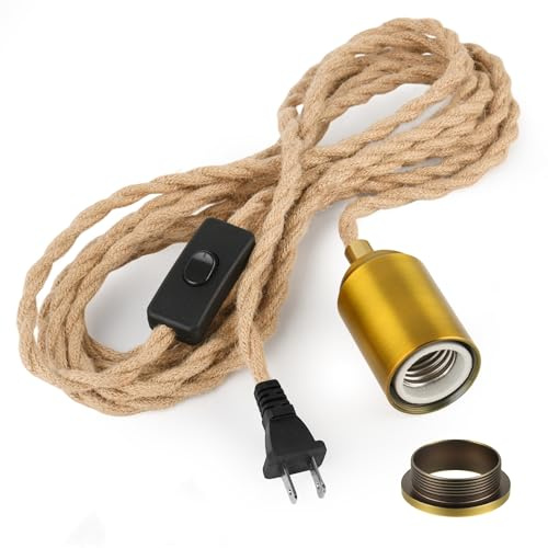 Hovnuyee Plug in Pendant Light Kit with Switch - 15 FT Braided Woven Rope Light Bulb Cord, E26 Socket, Vintage DIY Hardwire Swag Lamp Kit for Pendant & Hanging Lights, Hemp Color