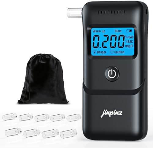 Alcol Test Etilometro Portatile Certificato: Alcoltest ad Alta Precisione con Sensore Rapido e 10 Bocchini - Etilometro Digitale con Display LCD Blu Riutilizzabili per Uso Personale e Familiare, Nero