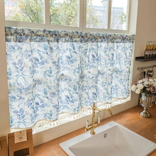 Musihy Små badrumsfönstergardiner kort, 1 st stångficka kort gardin för kafé badrum små fönsterblad mönster med tofs, blå, 132 x 45 cm
