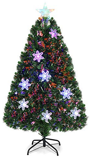 COSTWAY Albero di Natale 90/120/150/180 cm, Albero di Natale Artificiale con Luci LED, Rami Densi, Stelle Luminosi e Fibre Ottiche, Decorazione Natalizia per Casa, Ufficio e Negozio (120 cm)