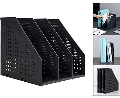 Leven Collapsible Magazine File Holder/Desk Organizer for Office Organization and Storage with 3 Vertical Compartments, Dark Grey,