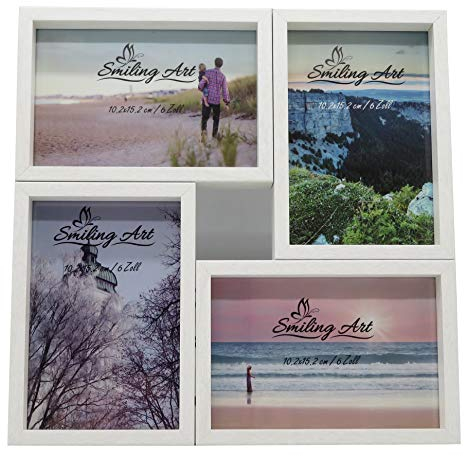 Smiling Art Cornice portafoto Collage per 4 Foto in legno MDF con vetro per appendere e stare in piedi (Bianco, 4 x 10 x 15 cm)