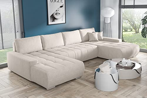 Tendencio BELUTI - Canapé d'angle panoramique en U Convertible. Tissu Design. Lit + Coffre de Rangement (Beige)