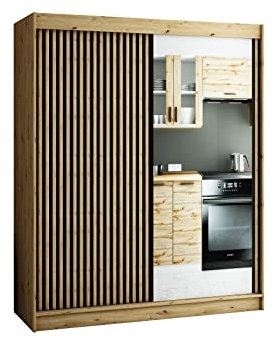 MEBLE KRYSPOL Schwebetürenschrank LAMELO 2 mit Zierstreifen und Spiegel, Kleiderschrank mit 2 Kleiderstange, Modern Design (180 cm)