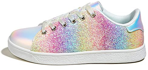 LUCKY STEP Damen Glitzer Sneaker | Schnüren Mode Schuhe | Glitzernde Bunt Turnschuhe für Damen (Regenbogen, 8.5US-39EU-6UK)