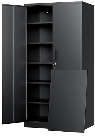 Yizosh Metal Storage Cabinet with Lock - 72 Garage Storage Cabinet with 2 Locking Doors and 5 Adjustable Shelves, Black Steel Lockable for Office,Home,Garage