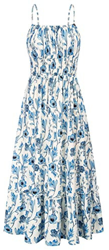 GRACE KARIN Robe Plage Bretelles Spaghetti de Soirée A-Ligne sans Manches Dos Nu Motif Floral Élégante pour Femme M Fleurs Bleu sur Blanc
