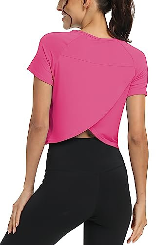Mippo Short Sleeve Athletic Tops Workout Shirts Exercise Clothes Gym Running Crop Top Tshirts for Women Loose Fit Fuchsia M