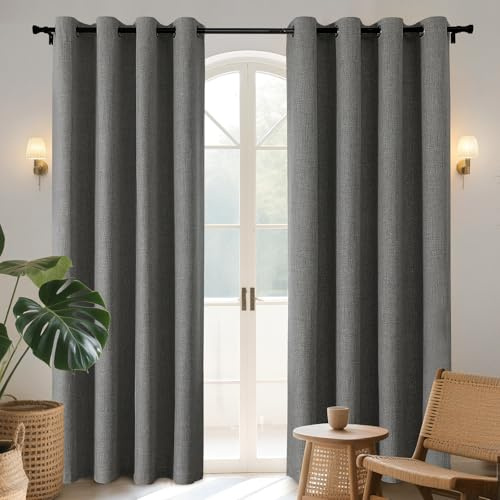 Joydeco 100% Cortinas Opacas 2 Piezas, Lino Cortinas Dormitorio con Ojales Anti Luz Cortina Termica Aislantes Frio y Calor para Salon(Gris, 2x140x245cm)